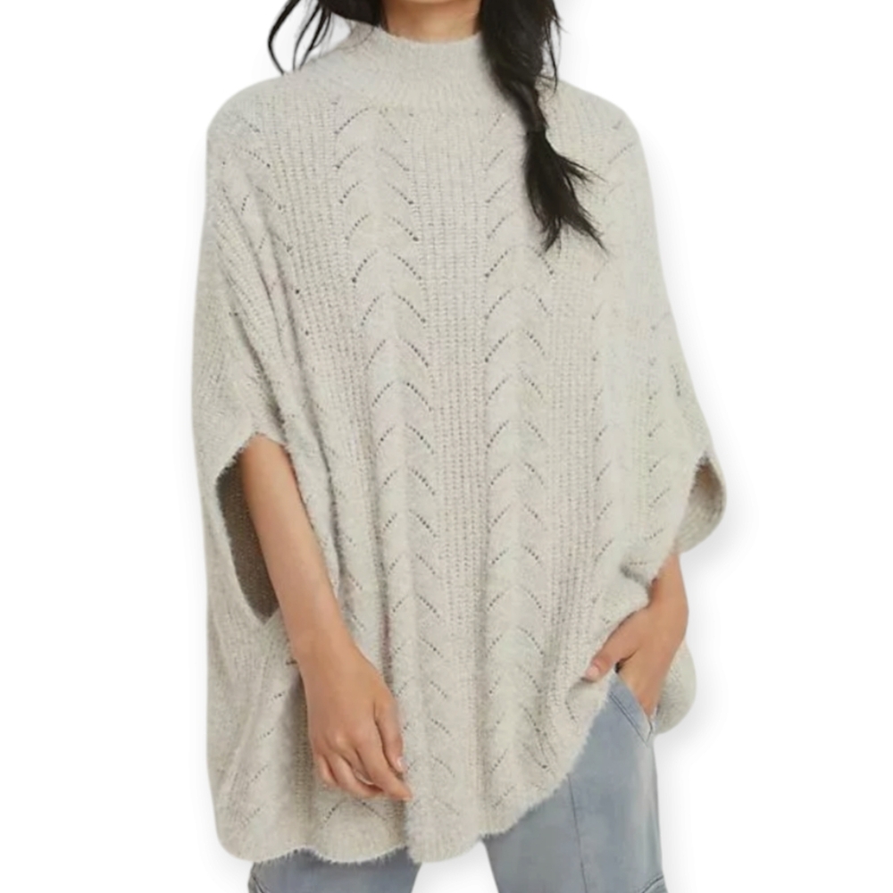 Anthropologie Cream Cable-Knit Poncho Sweater